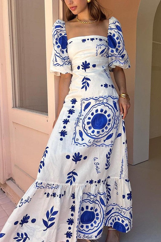 Blue Print Puff Sleeve Maxi Dress