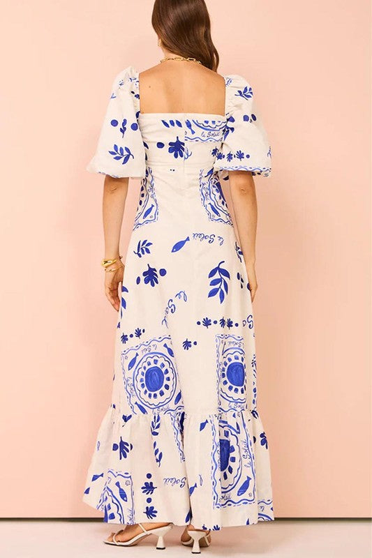 Blue Print Puff Sleeve Maxi Dress