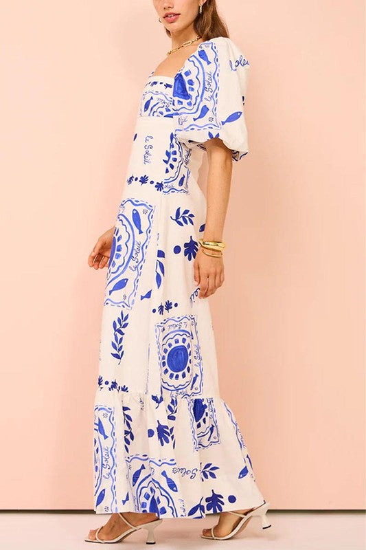 Blue Print Puff Sleeve Maxi Dress