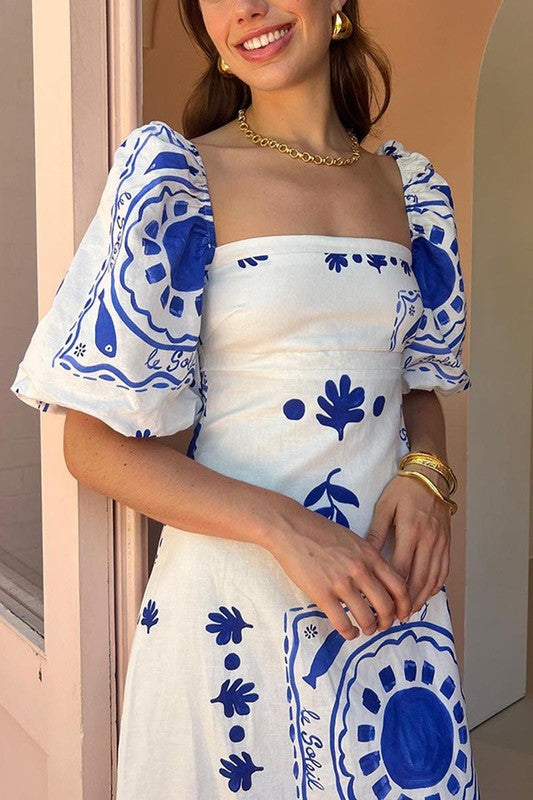 Blue Print Puff Sleeve Maxi Dress