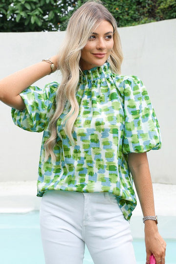 Green Abstract Puff Sleeve Blouse