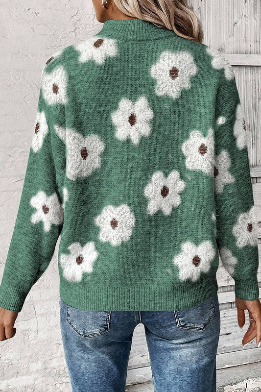 Floral Half Zip Sweater Pullover