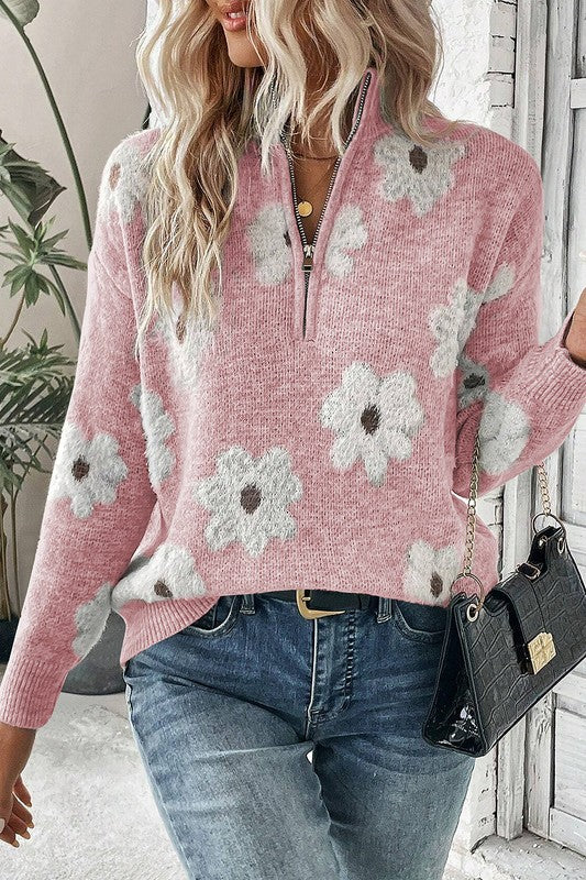 Floral Half Zip Sweater Pullover