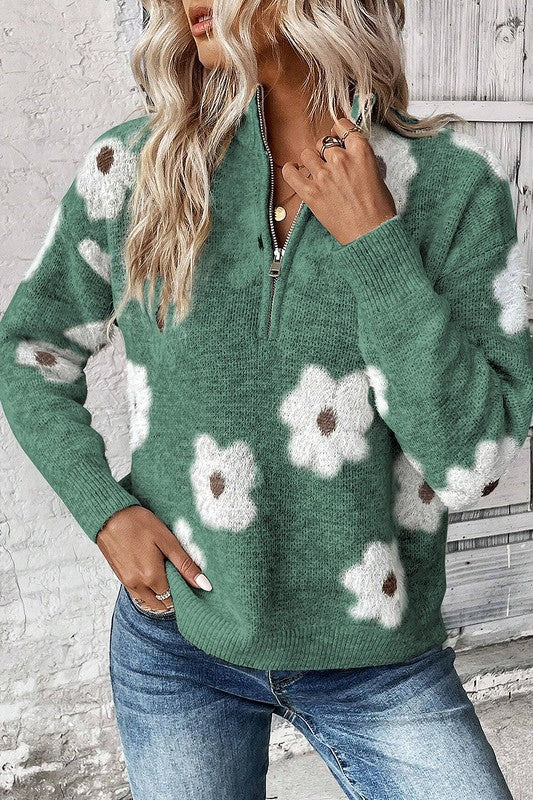 Floral Half Zip Sweater Pullover