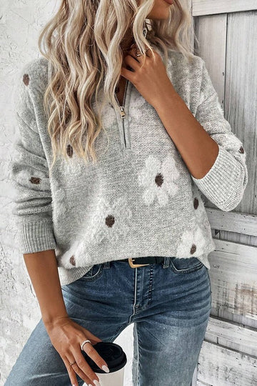 Floral Half Zip Sweater Pullover