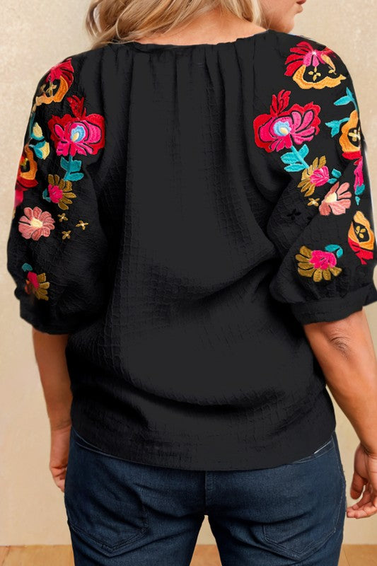 Floral Puff Sleeve Embroidered Texture Top