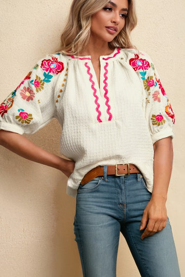 Floral Puff Sleeve Embroidered Texture Top