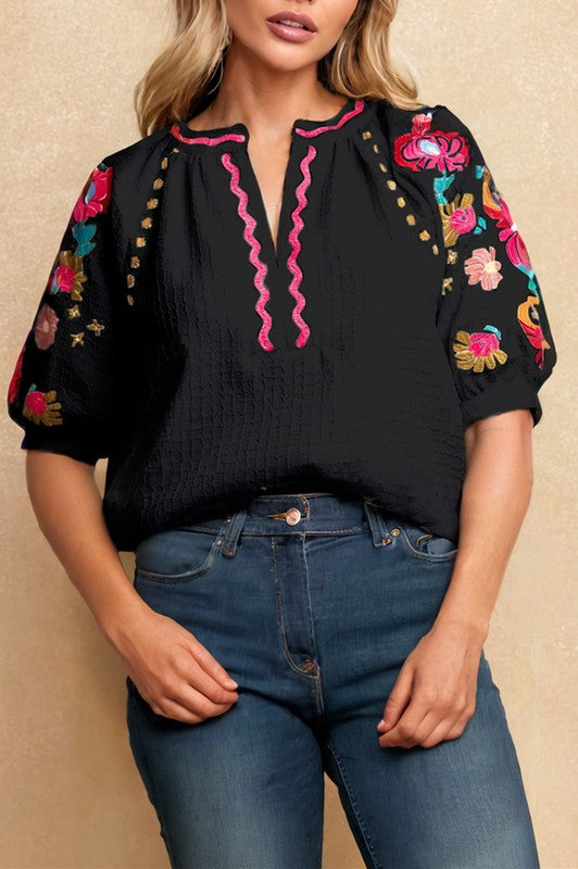 Floral Puff Sleeve Embroidered Texture Top