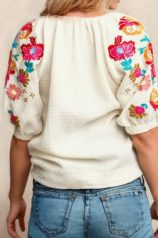 Floral Puff Sleeve Embroidered Texture Top