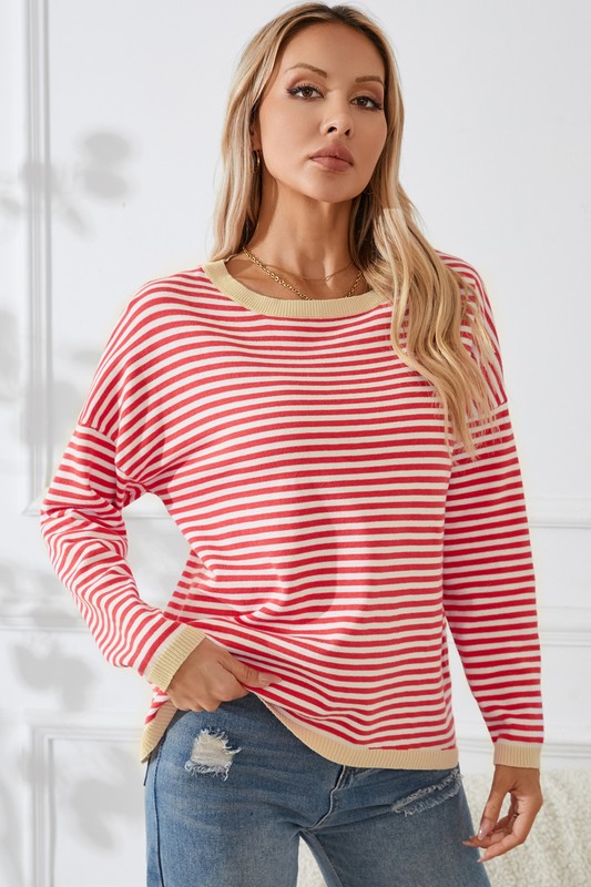 Red Contrast Stripe Shoulder Drop Sweater