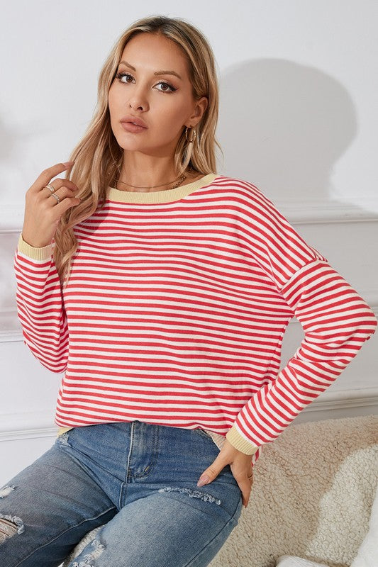 Red Contrast Stripe Shoulder Drop Sweater