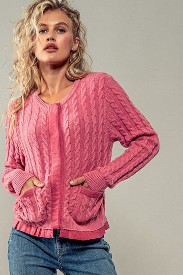 Pink Hidden Snap Cable Knit Cardigan