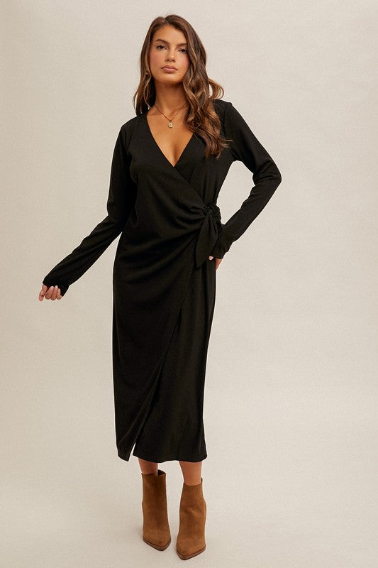 Ribbed V Neck Wrap Dress