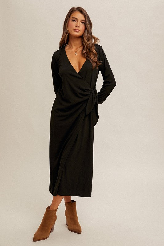 Ribbed V Neck Wrap Dress