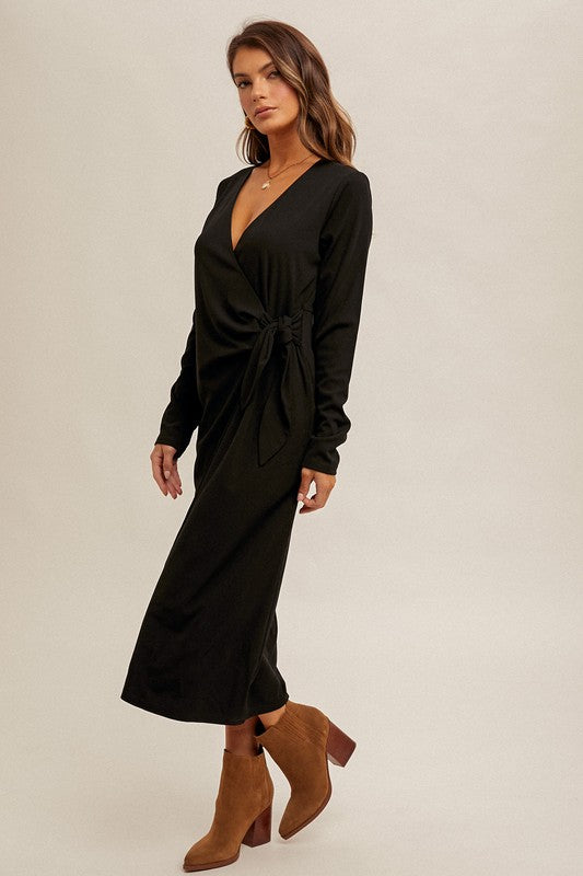 Ribbed V Neck Wrap Dress