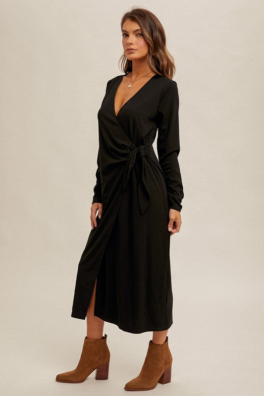 Ribbed V Neck Wrap Dress