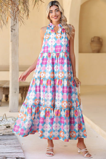Floral Frill Neck Tiered Maxi Dress