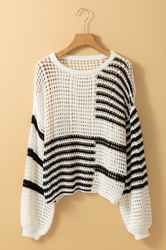 Stripe & Hallowed Out Knit Pullover