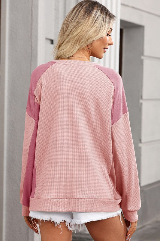 Pink Color Block Patchwork Knit Pullover