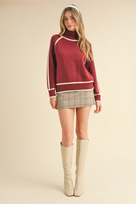 Wine & Ivory Contrast Turtleneck Sweater