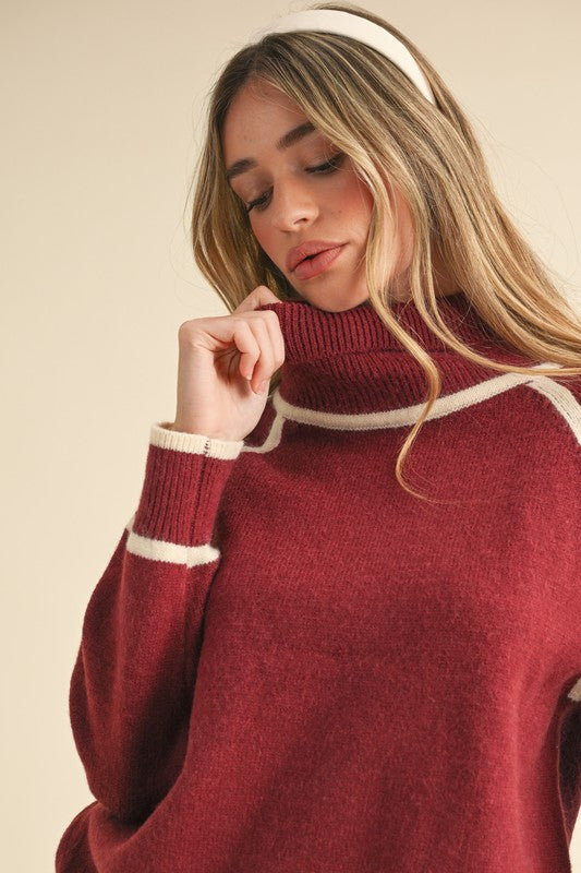 Wine & Ivory Contrast Turtleneck Sweater