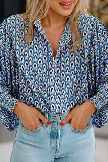 Blue Abstract Cuff Sleeve Button Down Blouse