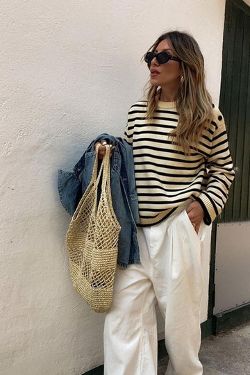 Button Shoulder Striped Sweater