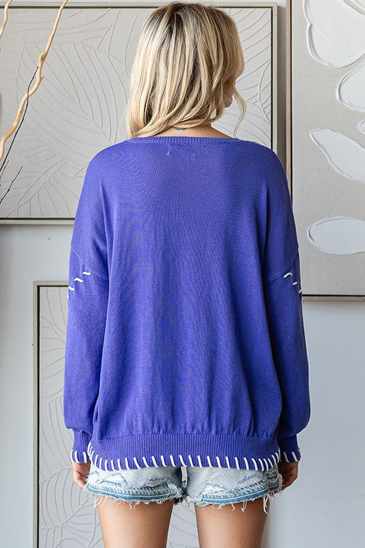 Indigo & Contrast Embroidered Pullover