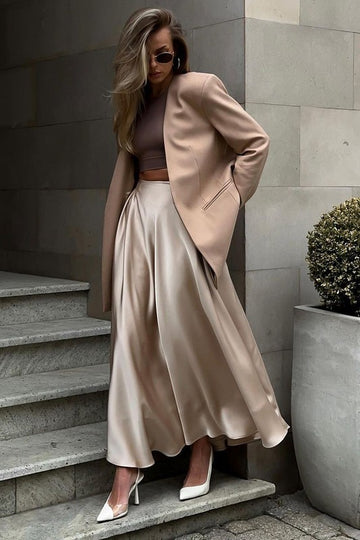 Satin Pleated Midi Skirt