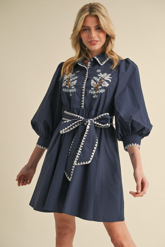 Navy Embroidery Belt Dress