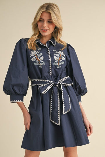 Navy Embroidery Belt Dress