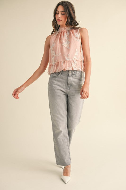 Pink Metallic Jacquard Bubble Hem Top