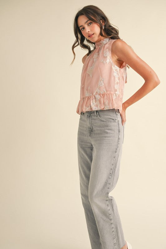 Pink Metallic Jacquard Bubble Hem Top