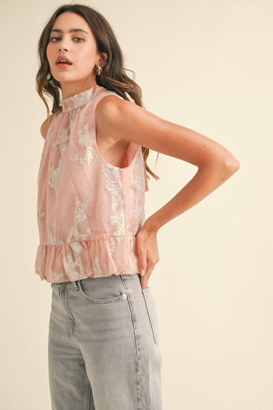 Pink Metallic Jacquard Bubble Hem Top