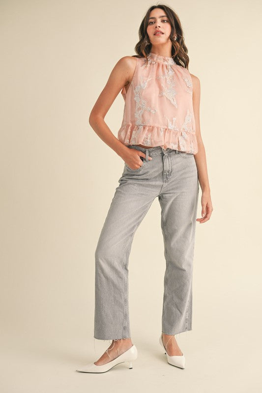 Pink Metallic Jacquard Bubble Hem Top