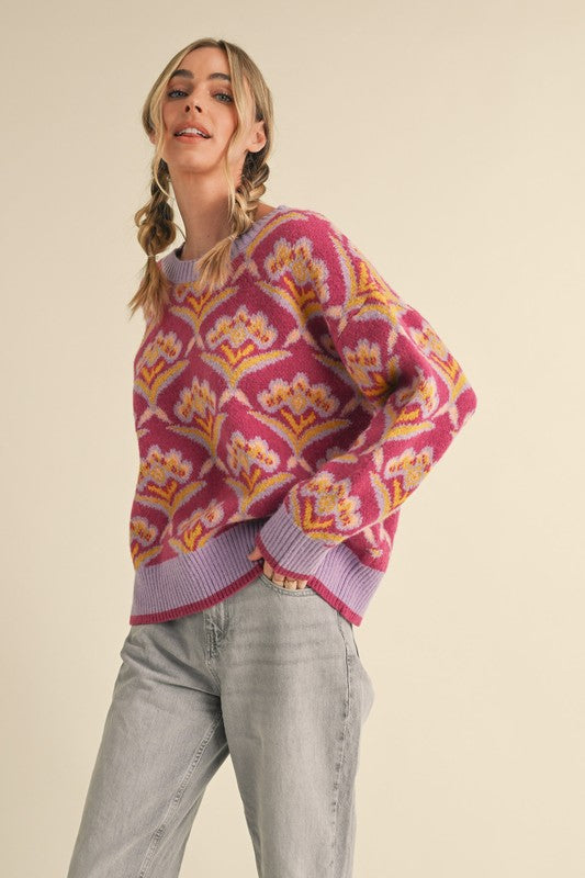 Colorful Floral Knit Pullover Sweater