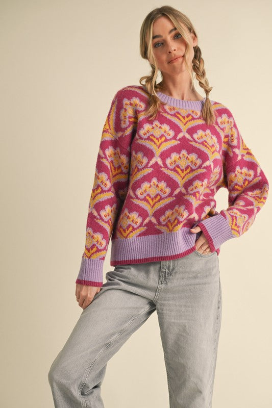 Colorful Floral Knit Pullover Sweater