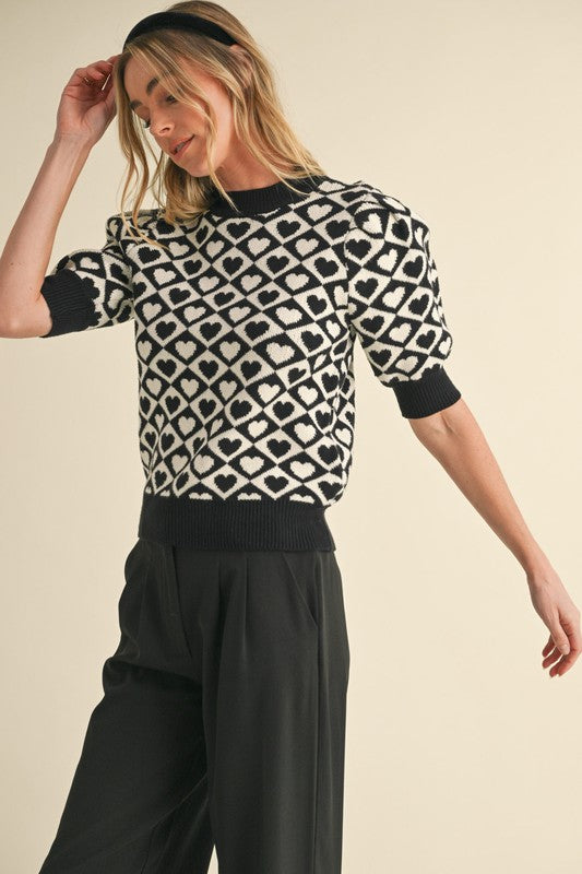 Black and White Heart Checkered Top