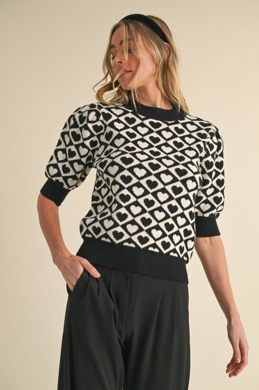 Black and White Heart Checkered Top