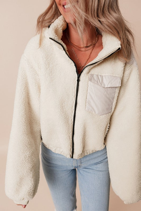 White Jet Stream Hooded Sherpa Jacket