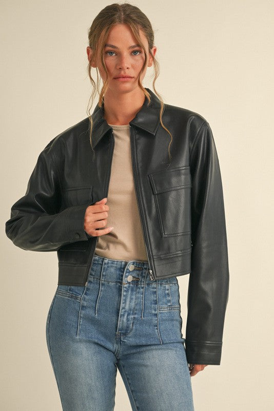 Faux Leather Black Pocket Jacket