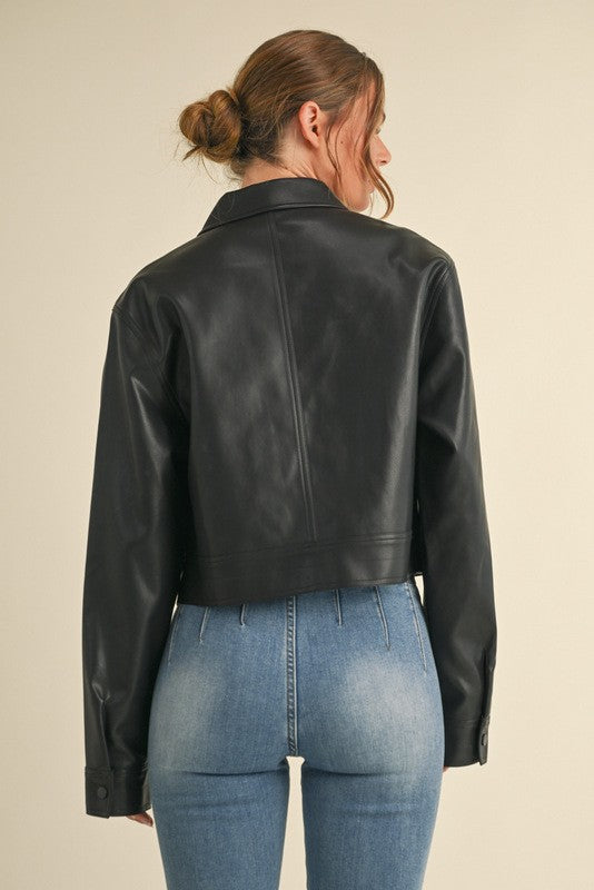 Faux Leather Black Pocket Jacket