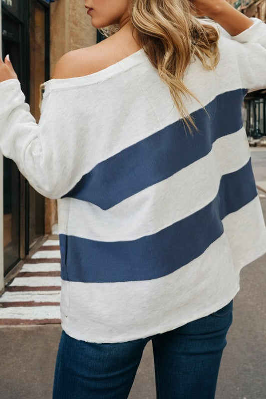 Blue & White Stripe Rugby Raw Hem Pullover