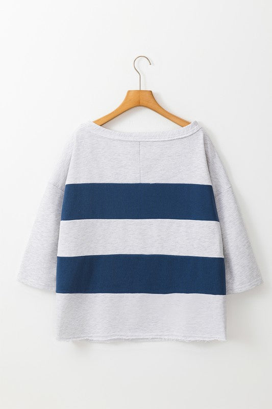 Blue & White Stripe Rugby Raw Hem Pullover