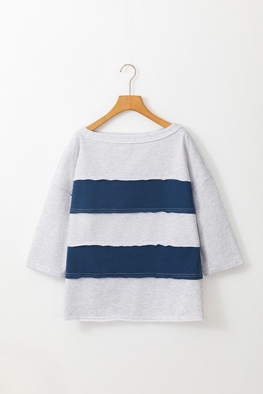 Blue & White Stripe Rugby Raw Hem Pullover