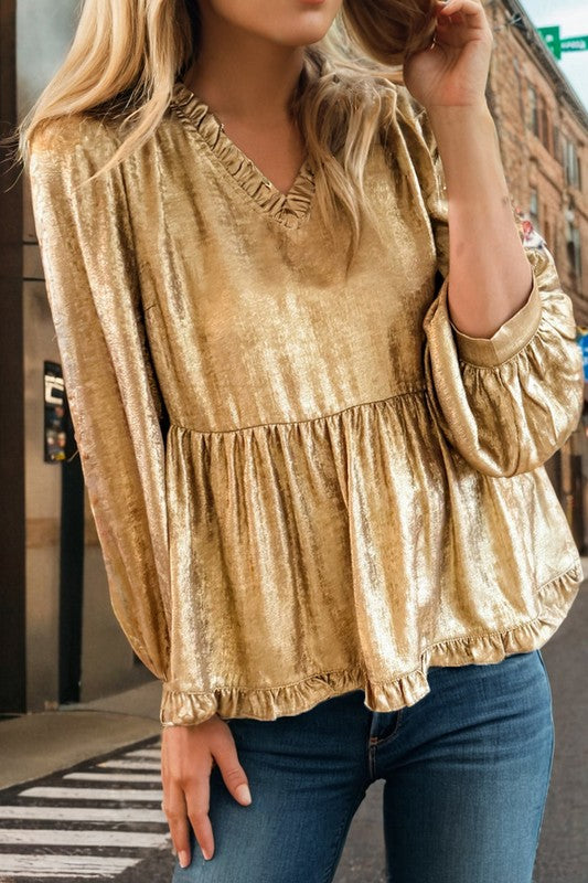 Gold Frilled V Neck Top