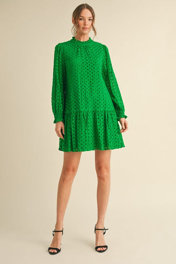 Kelly Green Poet Sleeve Lace Dress