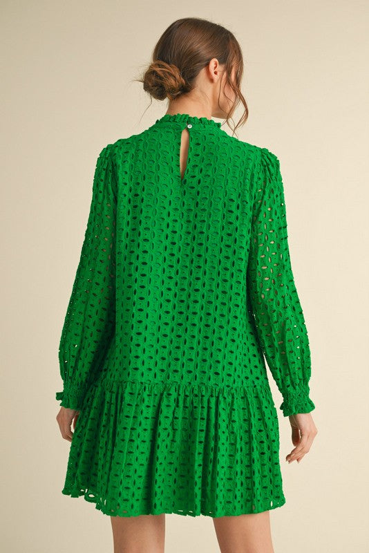 Kelly Green Poet Sleeve Lace Dress