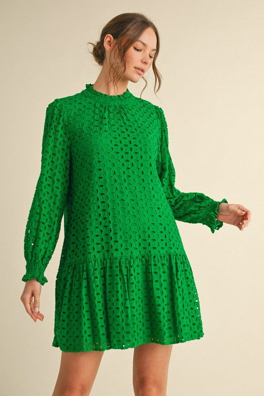 Kelly Green Poet Sleeve Lace Dress