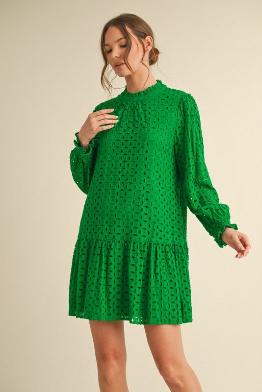 Kelly Green Poet Sleeve Lace Dress